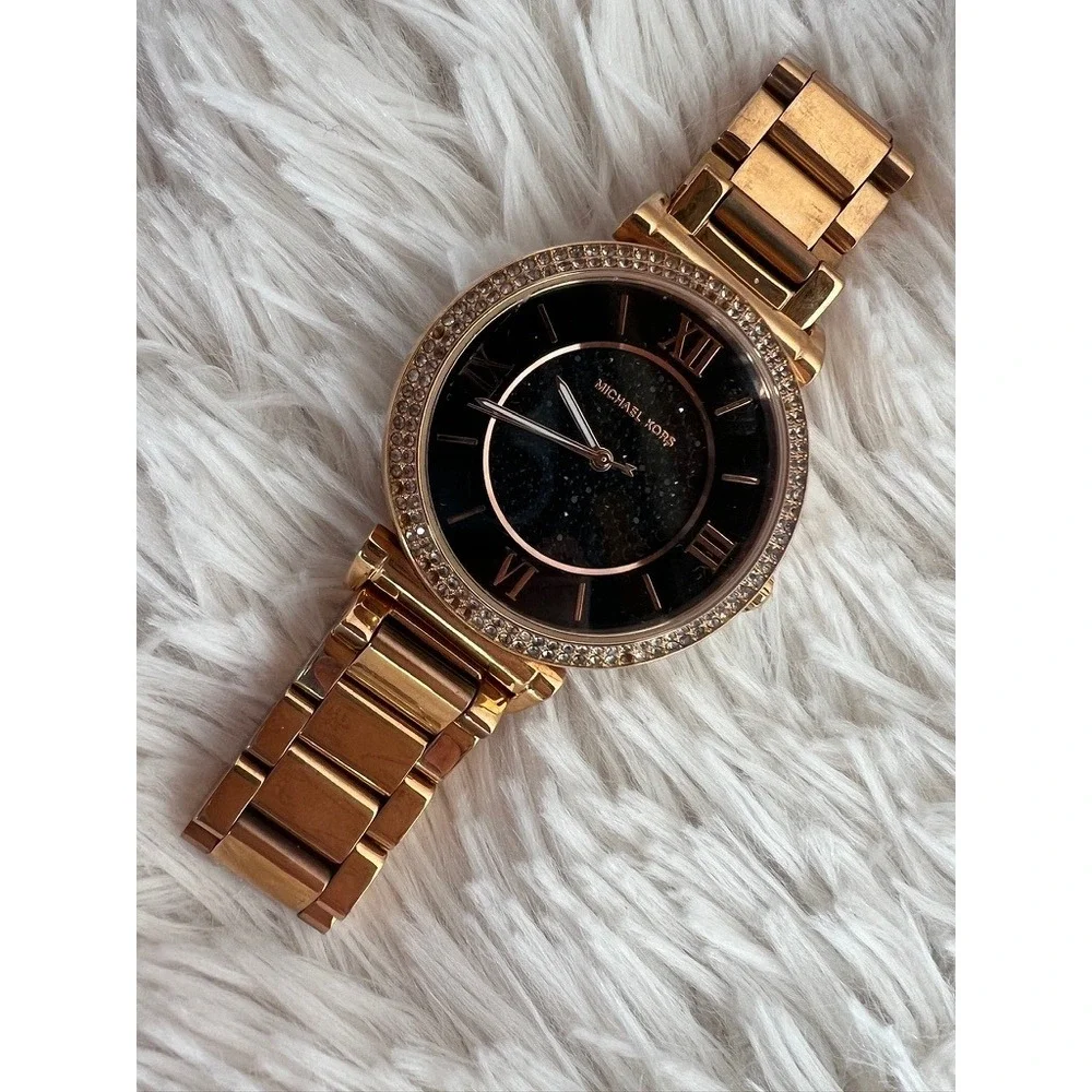 Michael Kors Watch Rose Gold  Black Sparkle Dial Crystal‎ Bezel Needs Battery